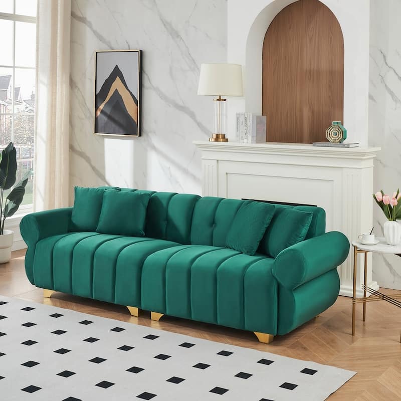spring-wrapped Sofa cushions with stylish metal feet and 4 throw pillows - Green