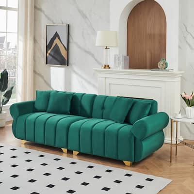 spring-wrapped Sofa cushions with stylish metal feet and 4 throw pillows