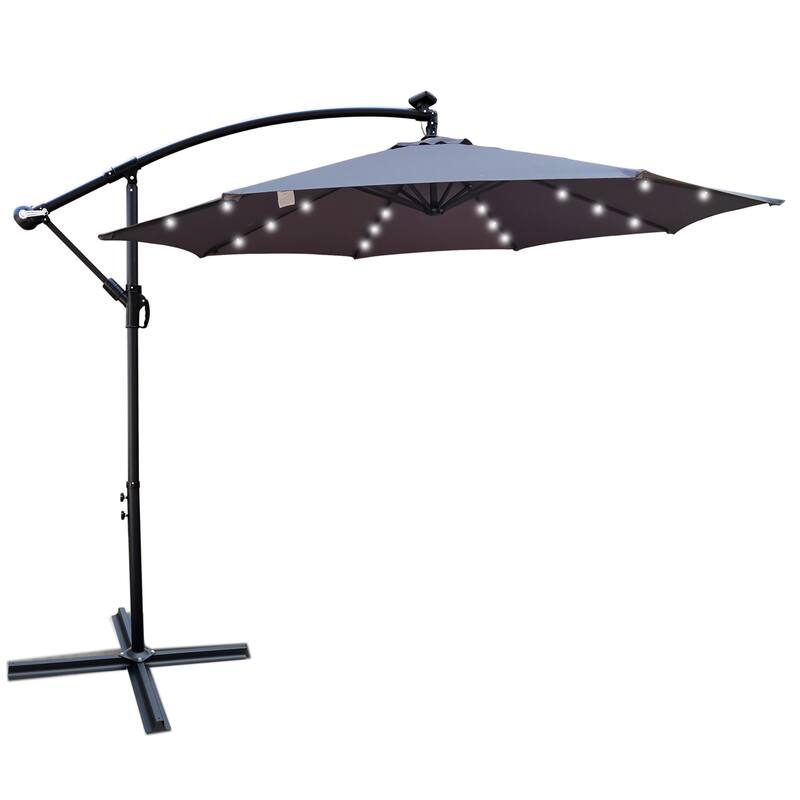 Outdoor Patio Umbrella Solar Powered LED Lighted Sun Shade Market Waterproof 8 Ribs Umbrella with Crank and Cross Base