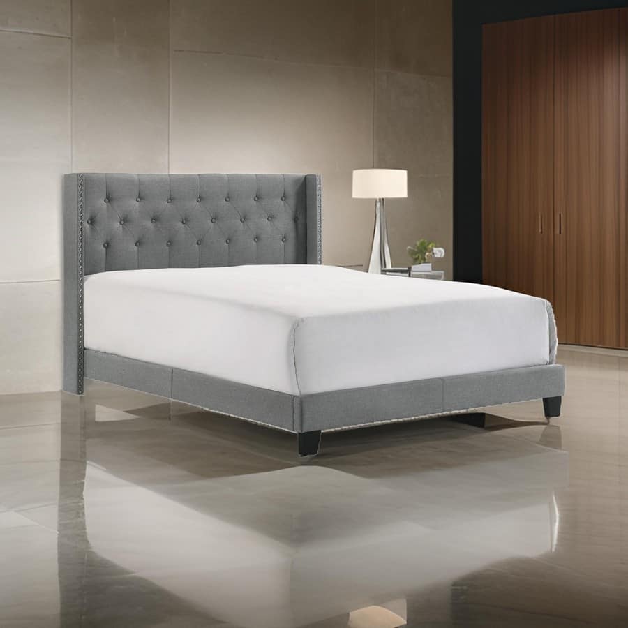 Lih Full Bed, Tufted Headboard, Wood Frame, Fabric, Black Legs, Gray