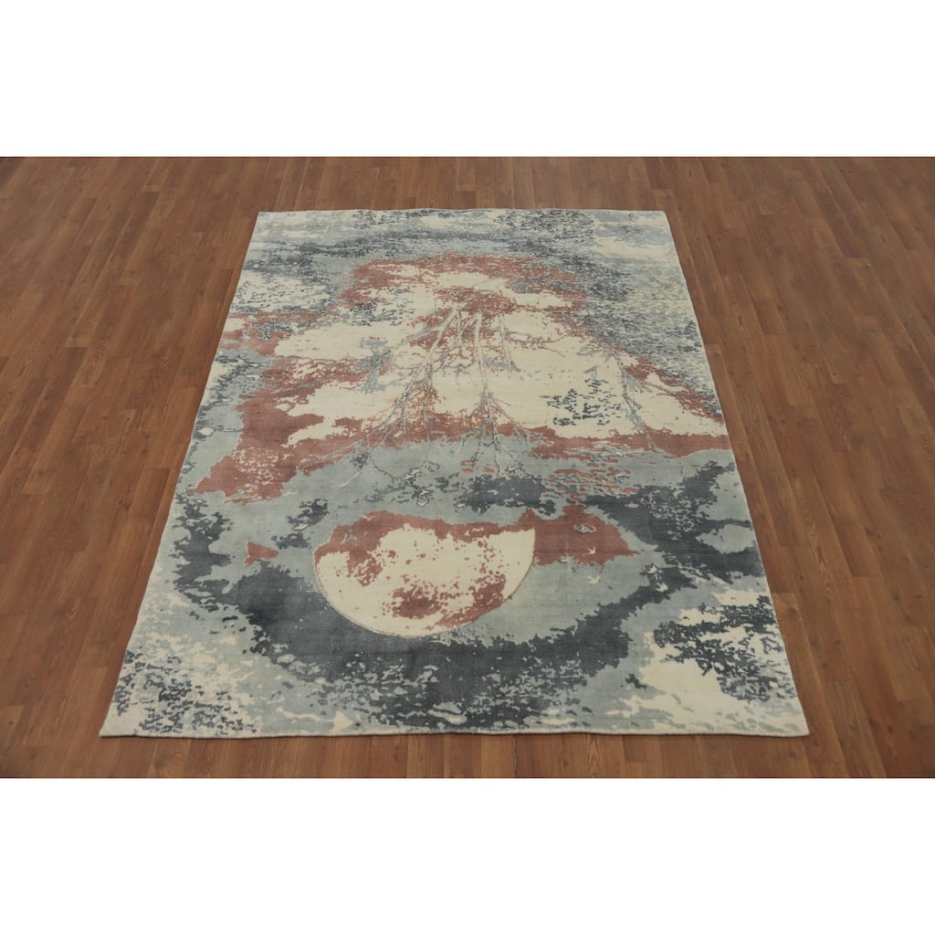 Hand-knotted Modern Silk Beige Abstract Oriental Area Rug - 7' 3'' X 5' 5''