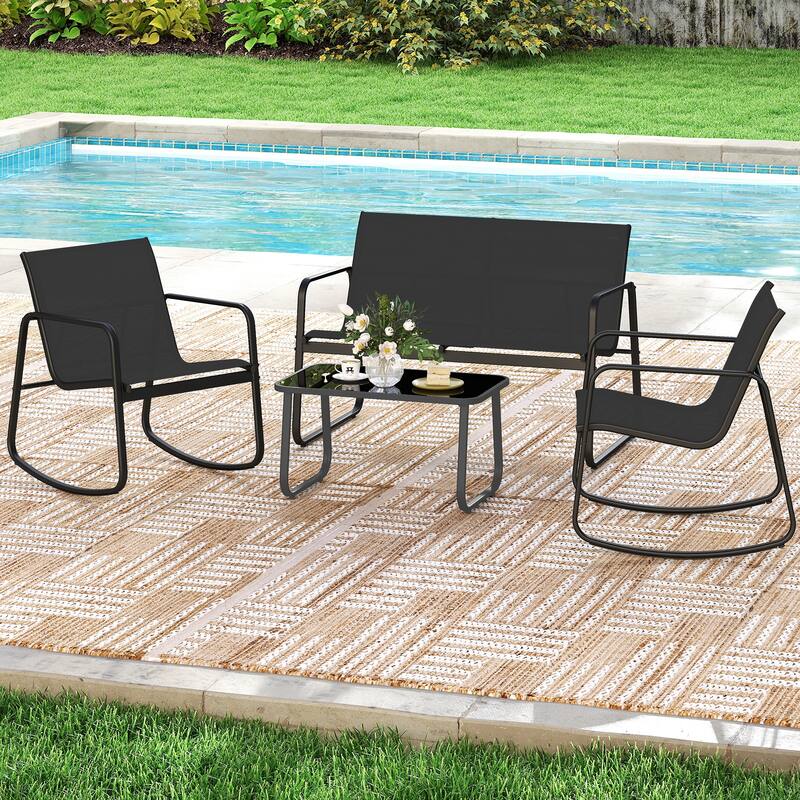 4 Piece Black Metal Fabric Rocking Bistro Set with Coffee Table Outdoor - Rocking Chair: 28.5” x 24” x 31.5” (L x W x H)