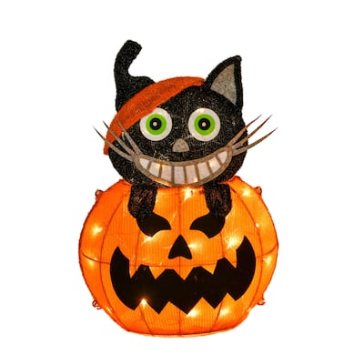 National Tree Company Halloween Pre Lit Lighted Sign, Orange, Pumpkin and Black Cat, LED Lights, Battery Operated, 23 Inches