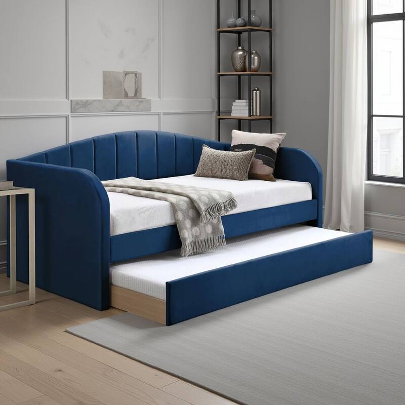 Keo Daybed with Pull Out Trundle, Channel Tufted Modern Blue Velvet