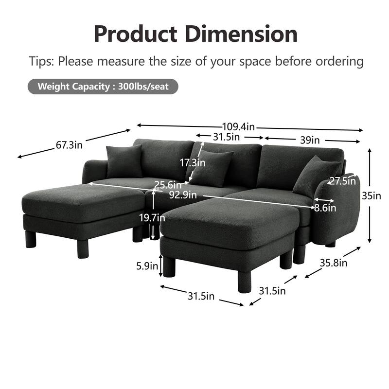 109.4" 3-Seater Modern Upholstered Sofa Couch, Deep-Seat Sectional Sofa with Shell-Shaped Armrests, Leisure Sofa for Living Room