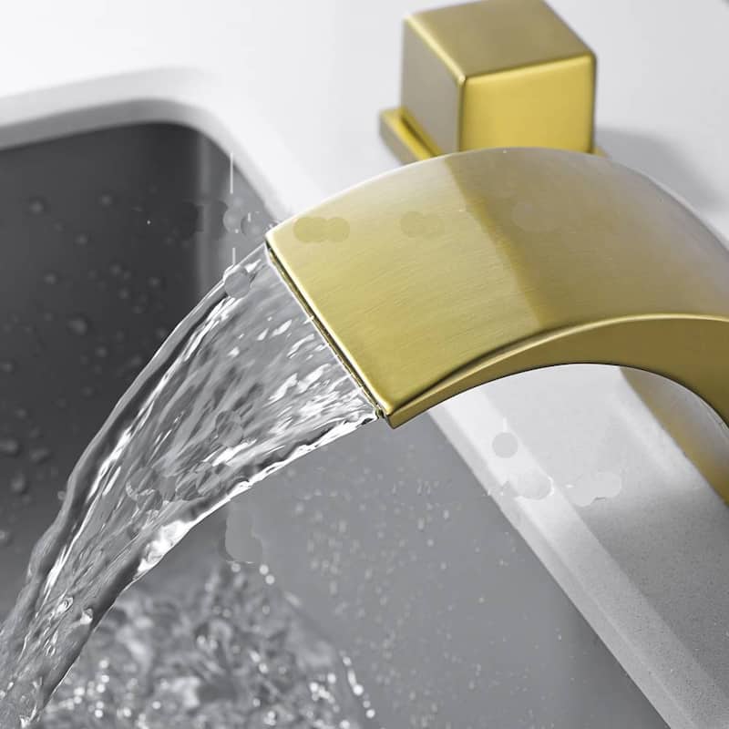 Brushed gold waterfall bathroom sink faucet 3 holes 2 handles with pop up drain - 9'6" x 13'6"