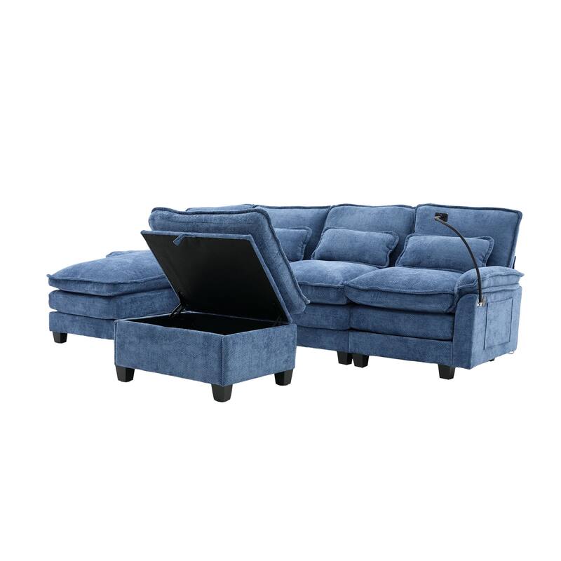 Chenille U-shape Sectional Sofa with Chaise and Storage Ottoman, Modular Couch with USB/Type-C Ports, Side Pockets, Phone Holder