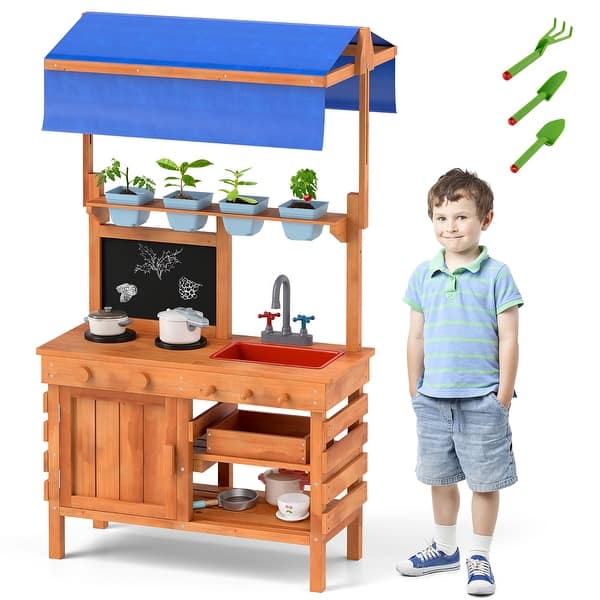 slide 2 of 10, Gymax Mud Kitchen Wooden Pretend Play Kitchen w/ Height Adjustable Multi