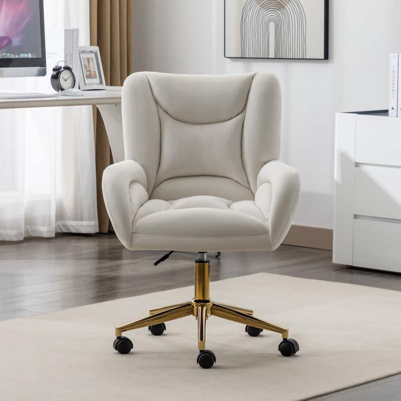 Modern Home Office Adjustable Swivel Task Desk Arm Chair with Wheels - Velvet Fabric-White
