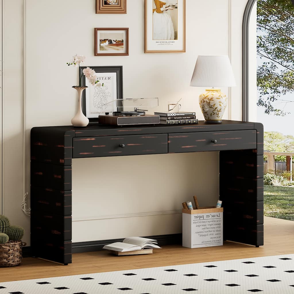 Curved Wooden Entryway Console Table with Storage, 2 Drawers, Rustic