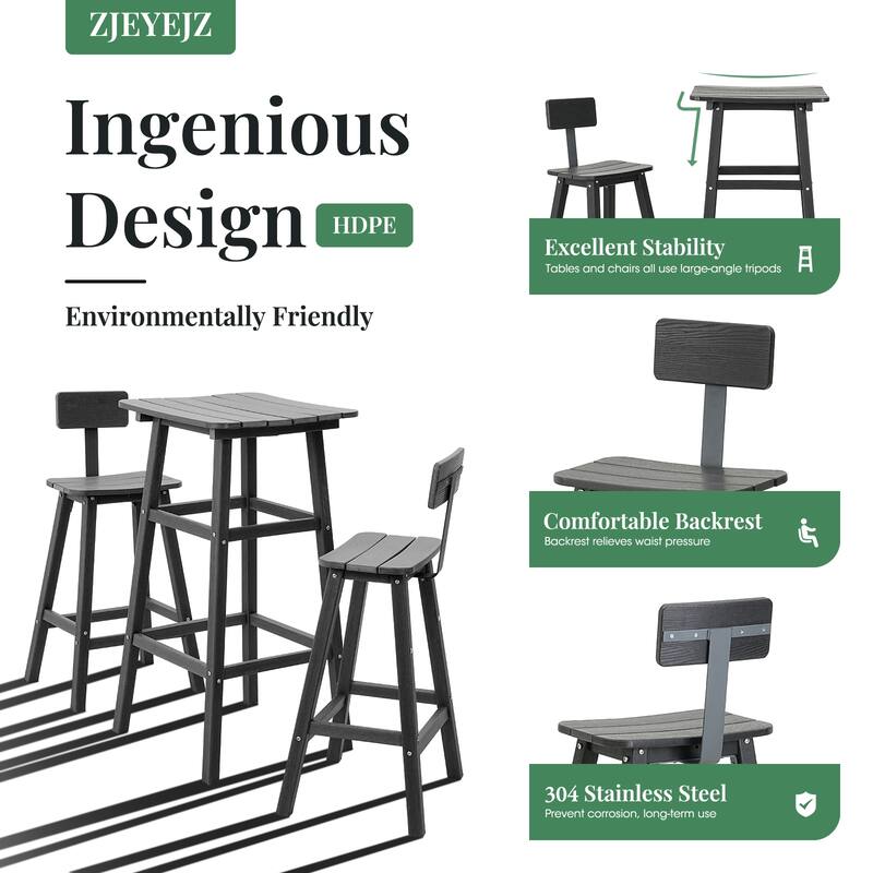 3-Piece Black Frame HDPE Plastic Outdoor Dining Set