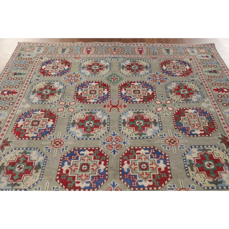 Hand Knotted Oriental 100% Wool Carpet Traditional All-Over Green Kazak Area Rug - 9' 10'' X 6' 7''