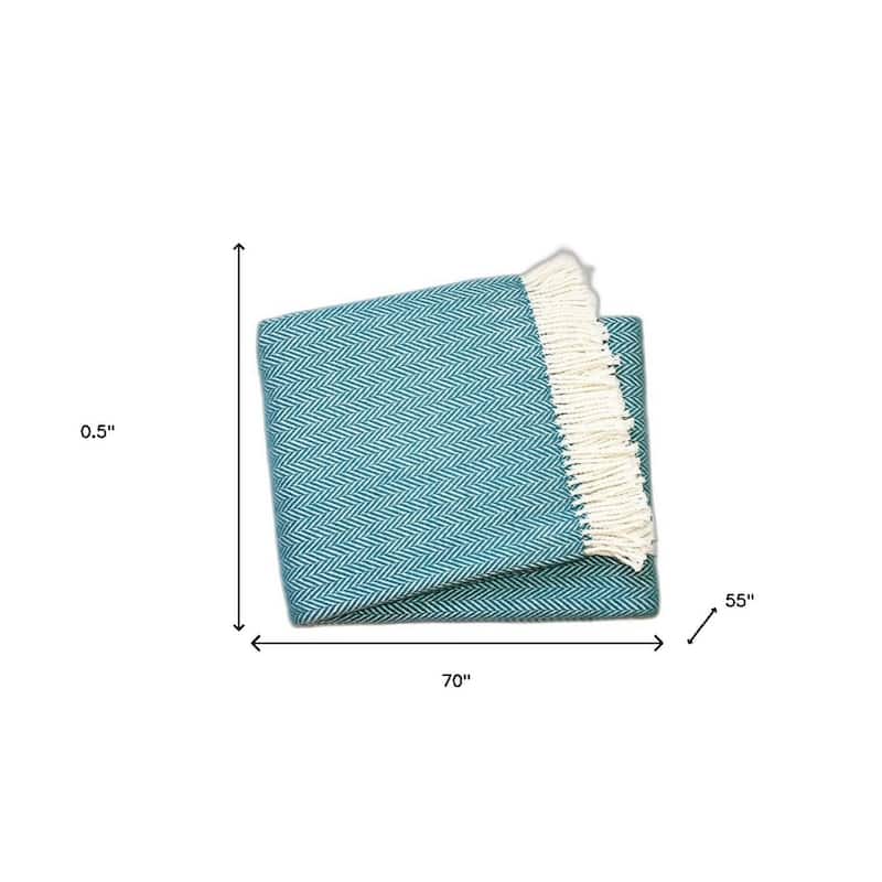 HomeRoots 70" X 55" Teal Blue And White Cotton Blend Woven Herringbone Plush Throw Blanket with Tassels