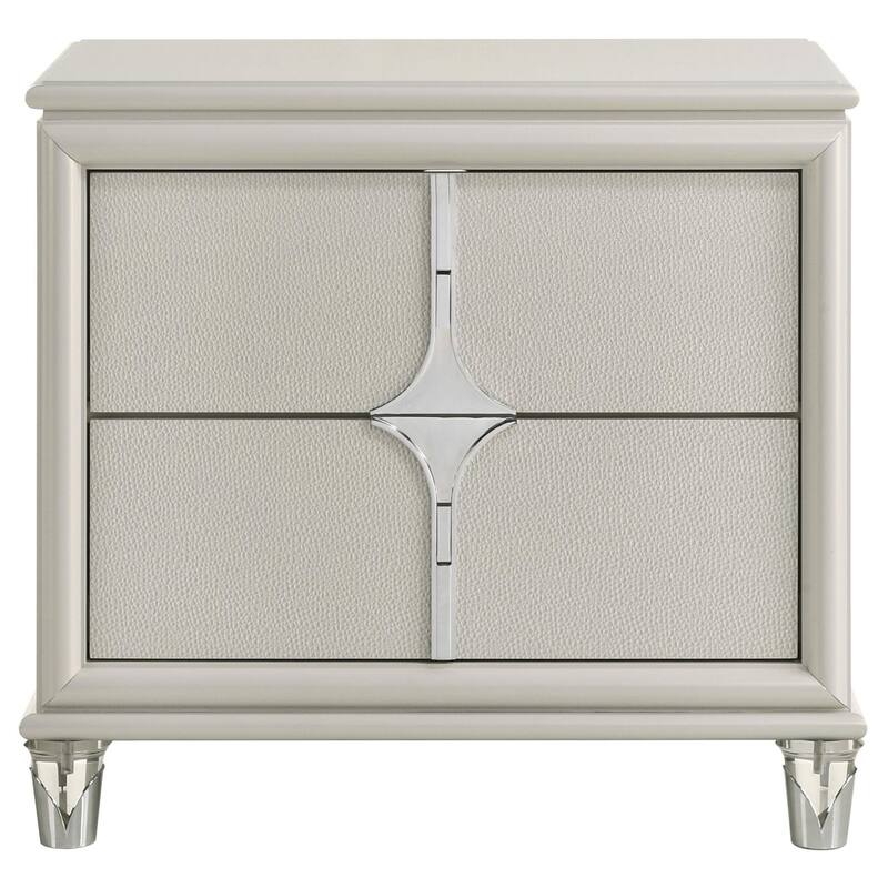 Ory Nightstand w 2 Drawers, Chrome Star Handle, Pearl Ivory Wood
