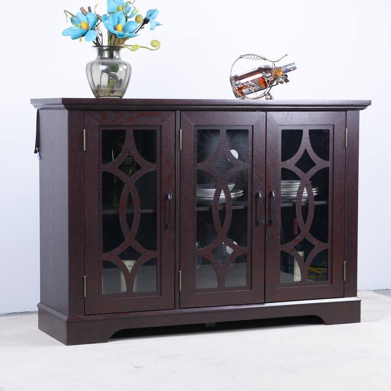 Spacious size sideboard 3 clear tempered glass doors buffet with adjustable shelf, storage cabinet for dinning room