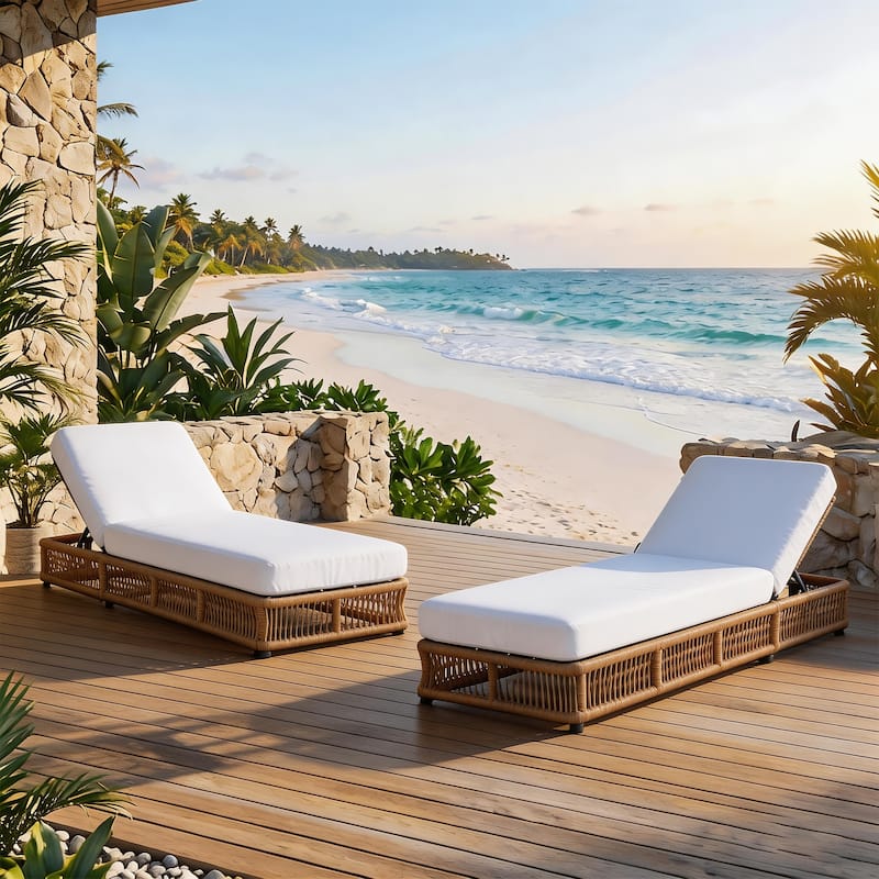 2-Piece Adjustable Backrest Outdoor Chaise Lounge Chair Patio Pool Lounger - Brown Frame+Beige Cushion