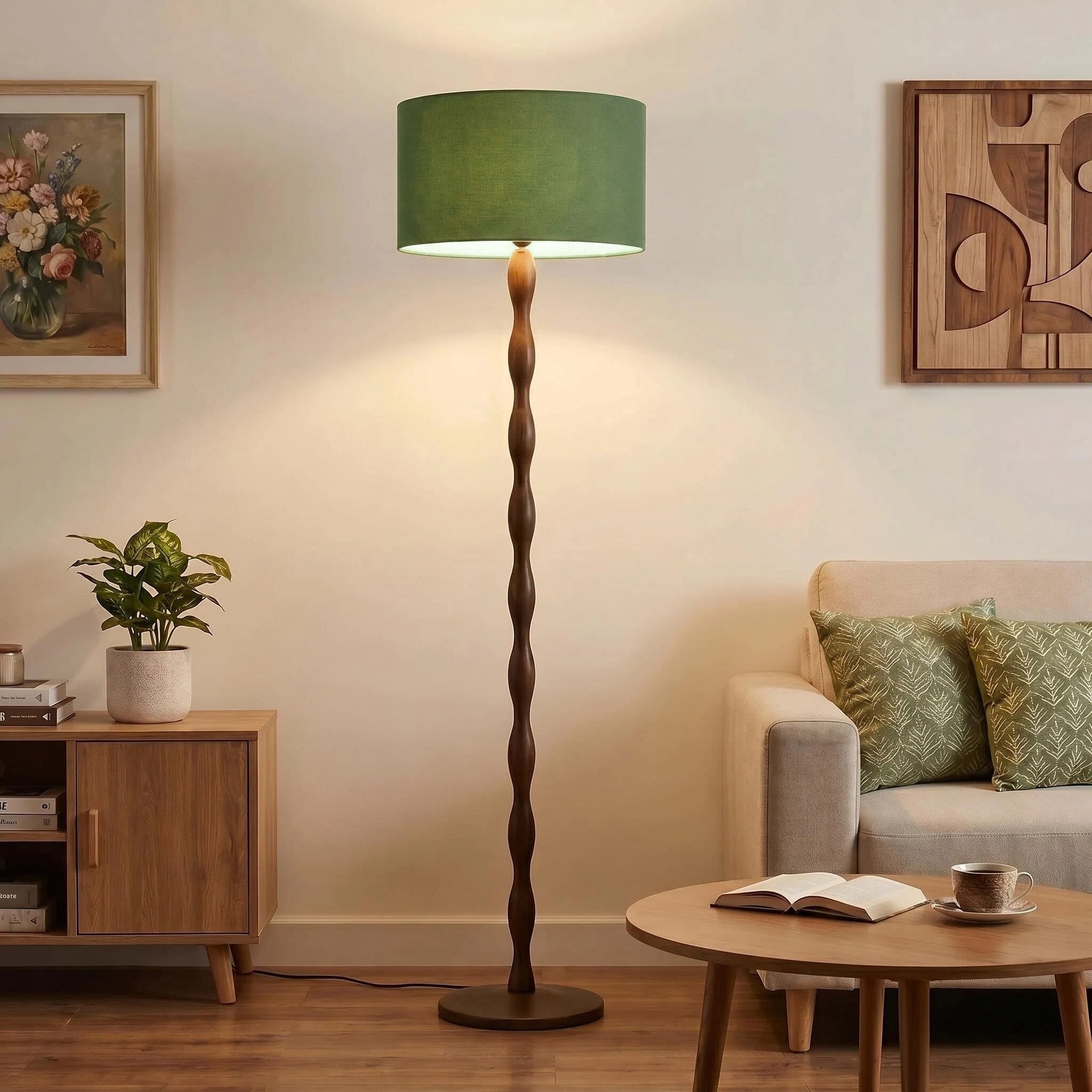 65 in Walnut Wood Floor Lamp with Sculptural Wavy Wood Pole, Linen Drum Shade, E26 Socket and Foot Switch, UL Listed