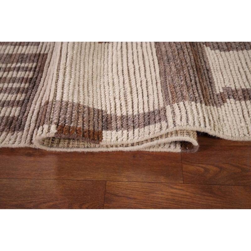 Earth Tone Moroccan Modern Area Rug Hand-Knotted Stripe Wool Carpet - 8'9" x 12'4"