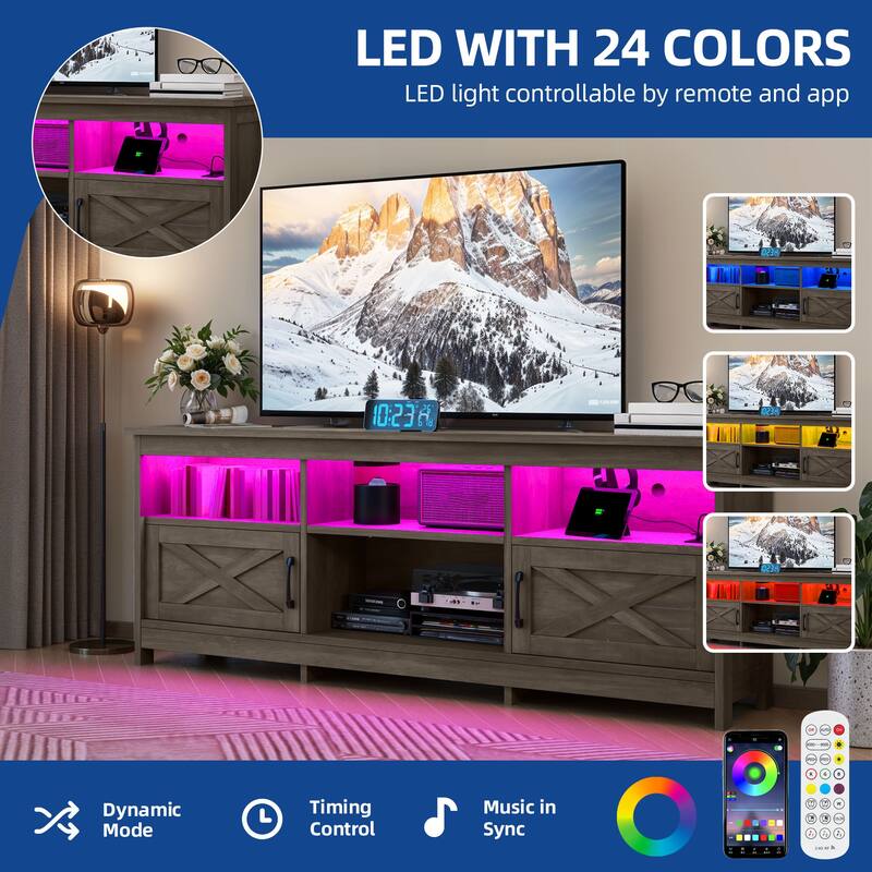 Moasis Farmhouse 70"W TV Stand with LED Lights, Outlets