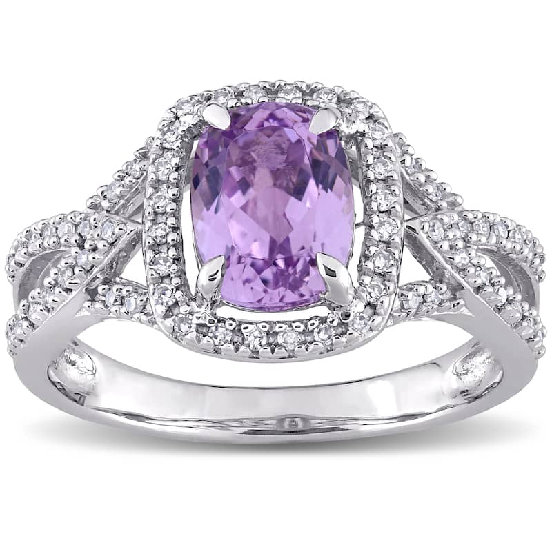 Miadora 14k White Gold Cushion-cut Kunzite and 1/6ct TDW Diamond Halo Split Shank Engagement Ring