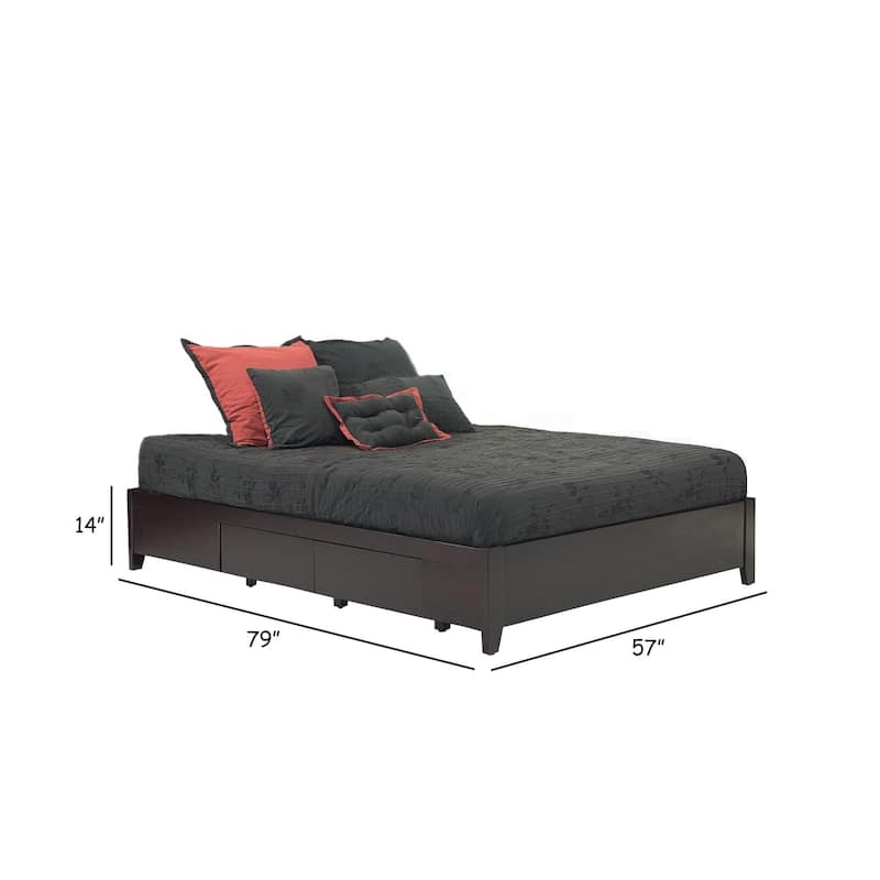 Klio Full Size Bed, 4 Storage Drawers, Low Profile, Dark Brown Mahogany