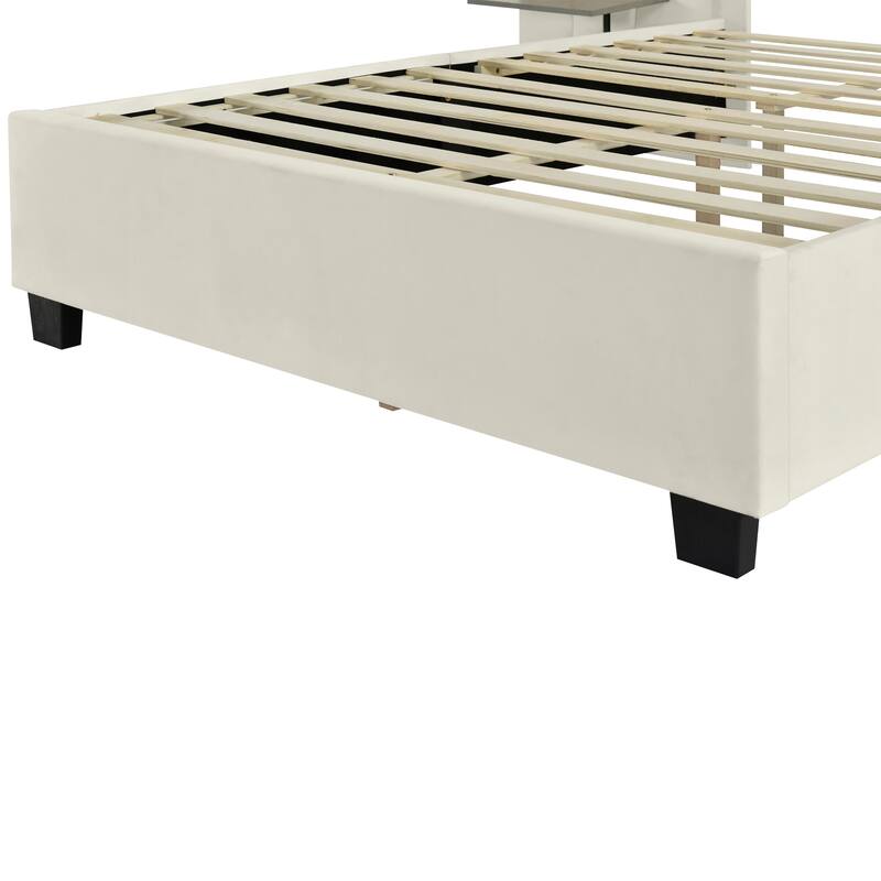 Platform Bed with Oversized Headboard, 2 Shelves, Velvet