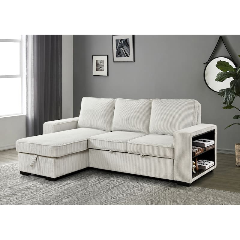 Roomfitters L Shaped Sectional Sofa Bed with Pull Out, Storage Chaise and USB Cup Holder - Beige