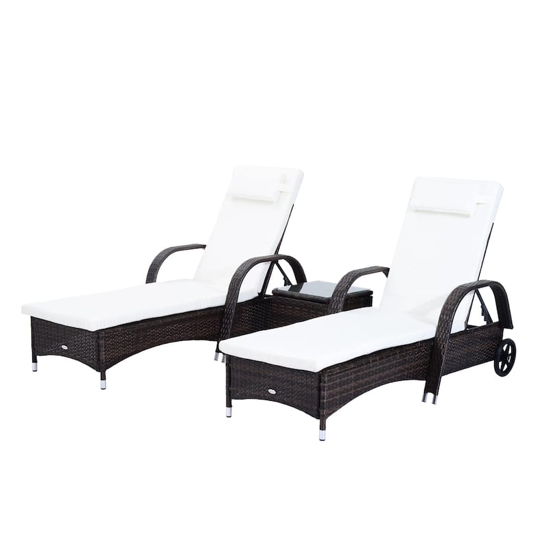 Outsunny 3-piece Wicker Adjustable Chaise Lounge Chair Set w/ Wheels - 78.75" L x 28.75" W x 40.5" H