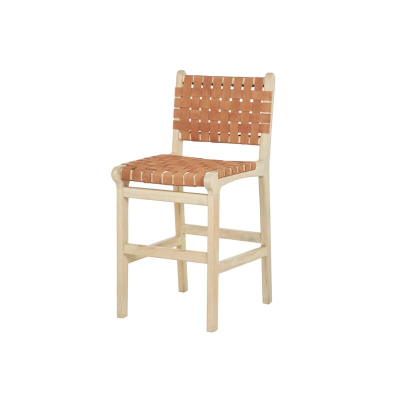 Brown Mango Wood Handmade Woven Bar Stool with Light Brown Wood Frame with Backrest and Footrest