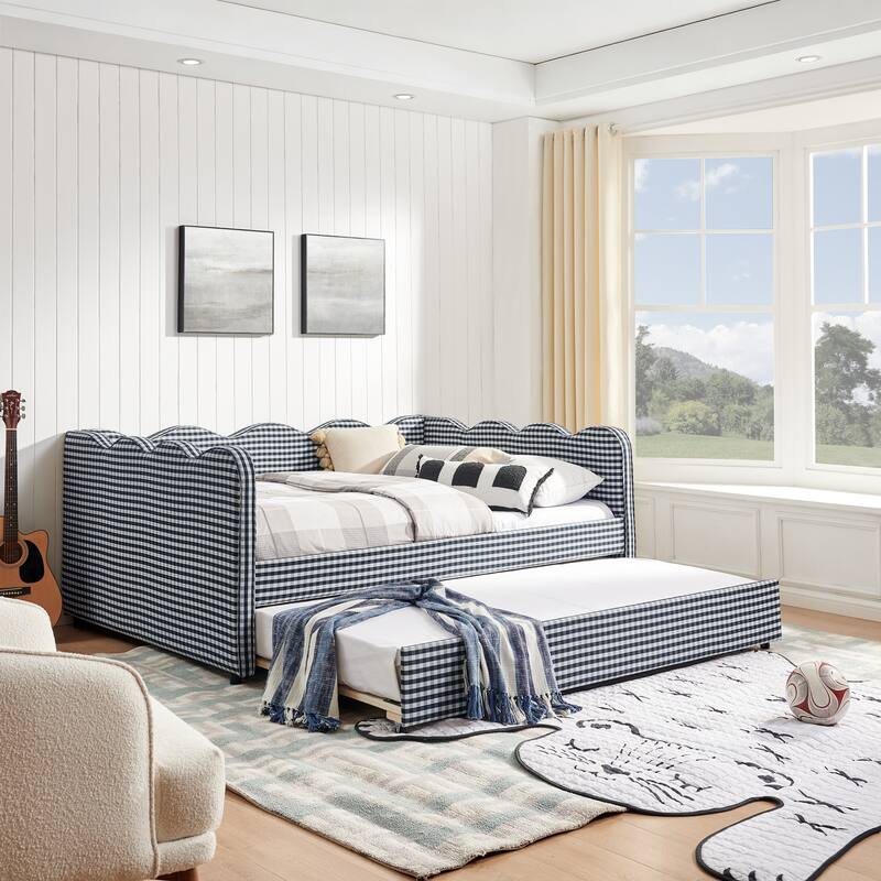 Upholstery Daybed Full Size Sofa Bed with Twin Size Trundle and Charging Ports, Linen Fabric Plaid Pattern and Wavy Silhouette
