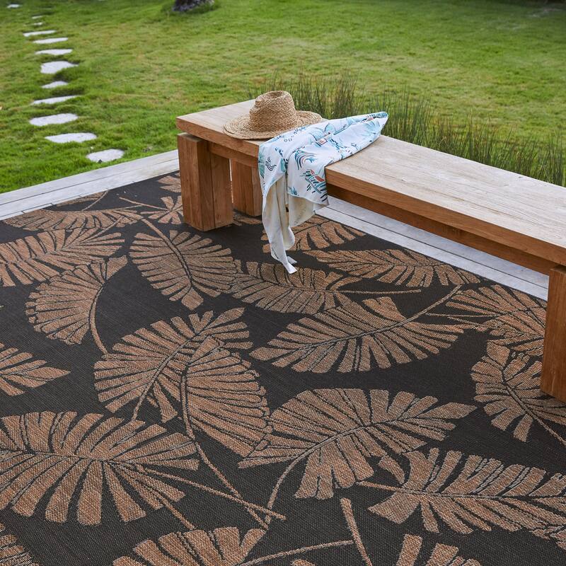 Reyn Spooner Kona Coast Lua'Ehu Black Big Tropical Leaf Flatweave Indoor/ Outdoor Area Rug