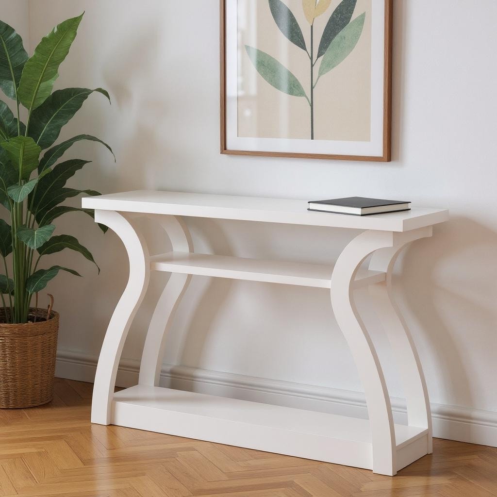 HomeRoots 47" White Floor Shelf Console Table With Shelves - 47.25 in. x 32.00 in. x 11.50 in.