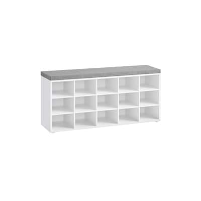Wood Shoe Bench with Cushion, 15-Compartment Storage Organizer - 11.8"D x 41.3"W x 18.9"H