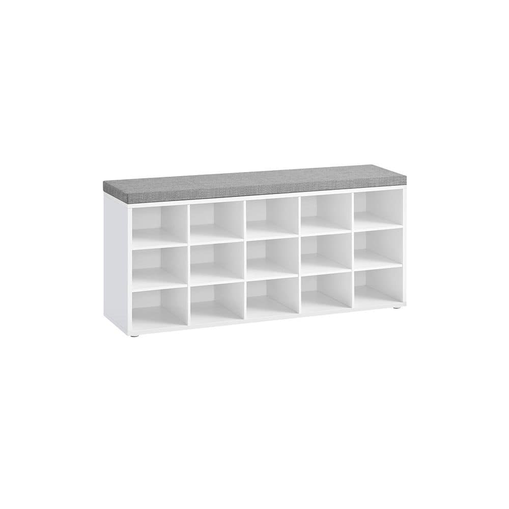 Wood Shoe Bench with Cushion, 15-Compartment Storage Organizer - 11.8"D x 41.3"W x 18.9"H