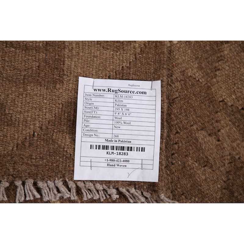 Brown Kilim Geometric Area Rug Flat-weave Oriental Wool Carpet - 6'6"x 9'8"
