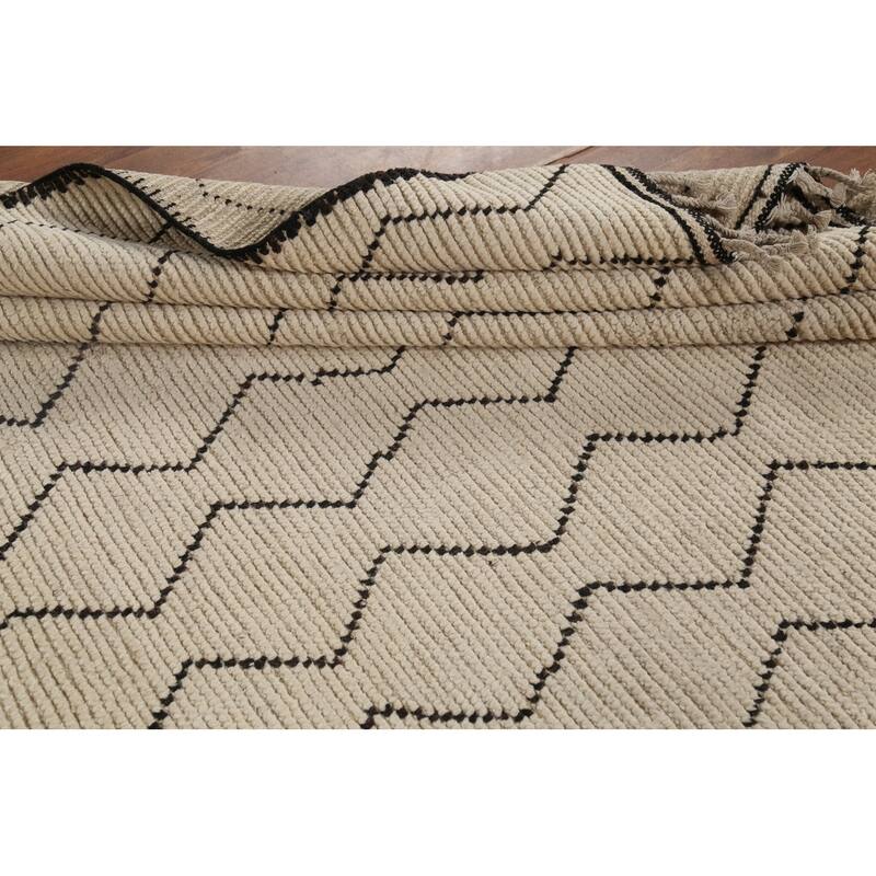 All-Over Geometric Ivory Moroccan Area Rug Handmade Wool Carpet - 6'2"x 9'3"