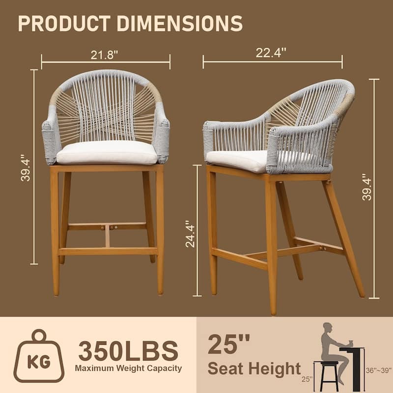 Outdoor Counter Height Bar Chairs with Cushioned Seat and Back, Aluminum Tall Bar stools for Garden, Pool, Patio, Kitchen