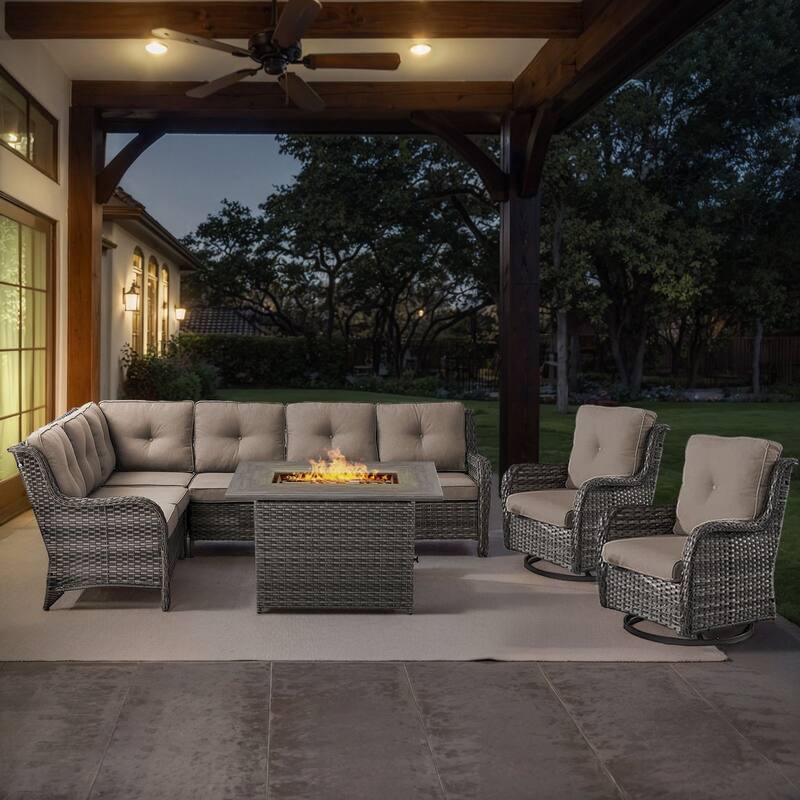Gymojoy 4-Piece Outdoor Wicker Patio Furniture with Fire Pit and L-shaped Sectional Sofa, Coversation Set with Thick Cushions