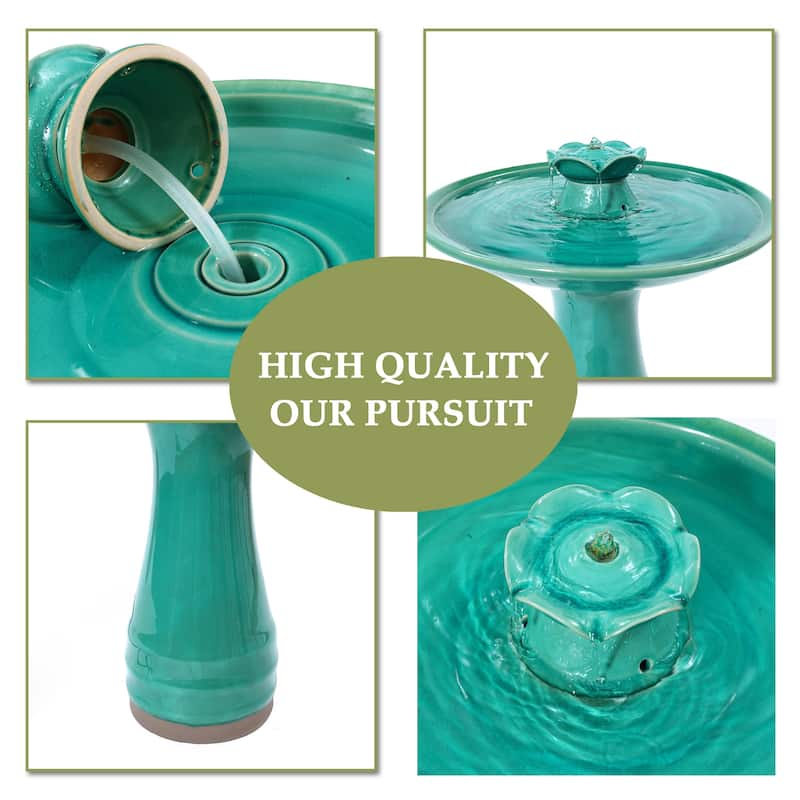 Aqua Glazed Ceramic 22-In Tall Birdbath Fountain
