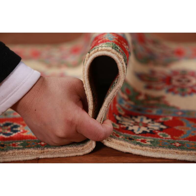 Geometric Kazak Oriental Accent Rug Hand-Knotted Beige Wool Carpet - 2'0" x 3'0"