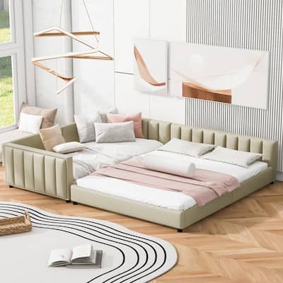 Queen Size & Twin XL Size PU Leather Upholstered Platform Bed, Mother & Child Bed