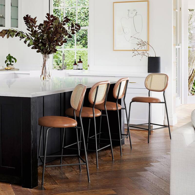 Metal Frame Rattan Counter Height Bar Stools With Faux Leather Seat (set of 4)
