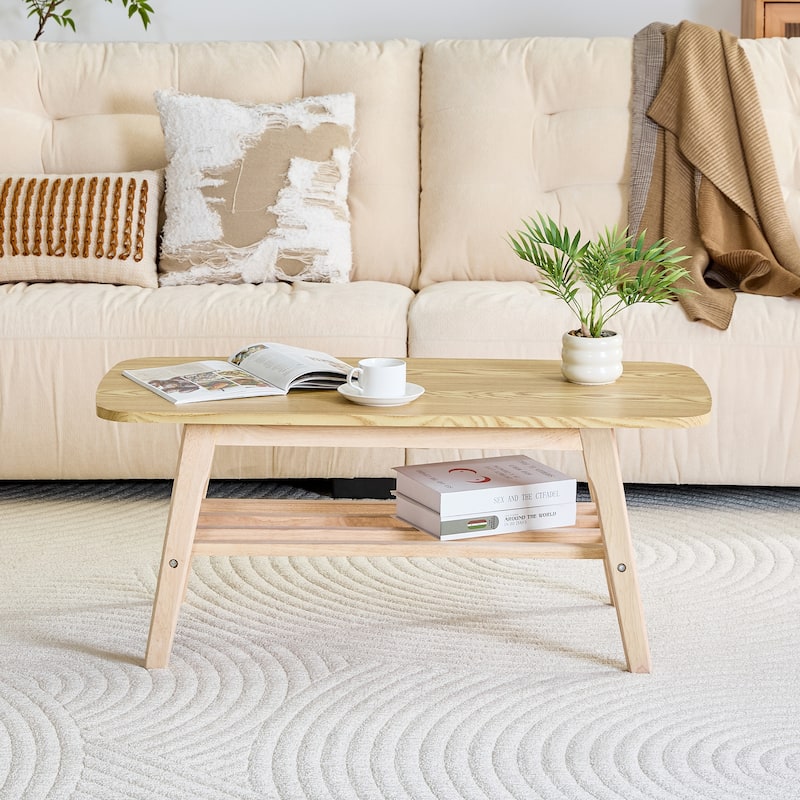 Solid Wood Coffee Table - 2-Tier Wooden Center Coffee Table with Storage Shelf for Living Room, Apartment, and Office - Wood