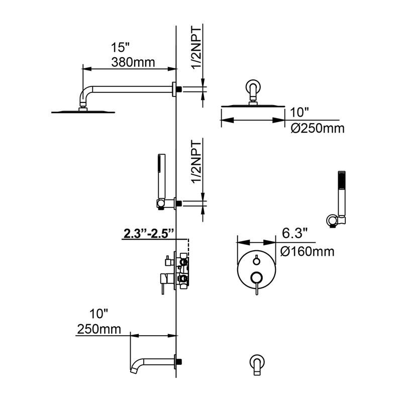 3-Way Complete Rain Shower System Black with High-pressure Handheld and Tub Spout
