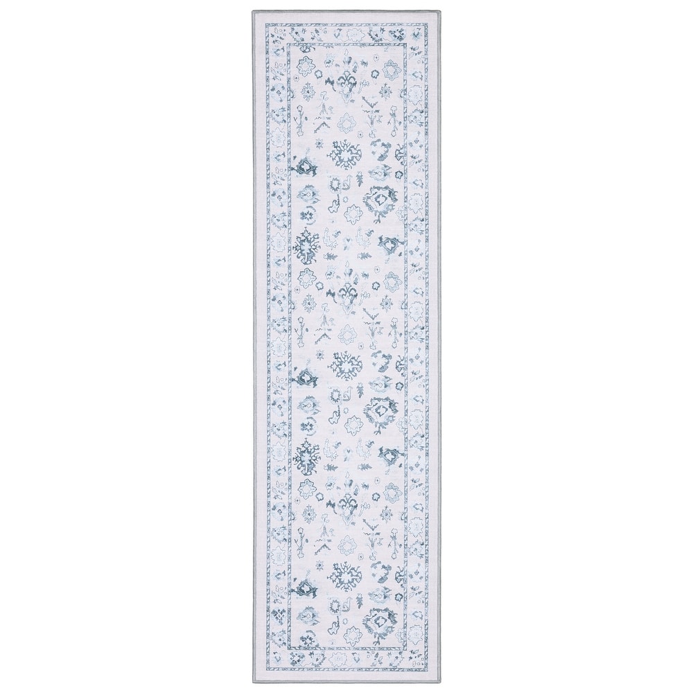 Addison Vintage Traditional Ivory/ Blue Printed Washable Flat Pile Rug