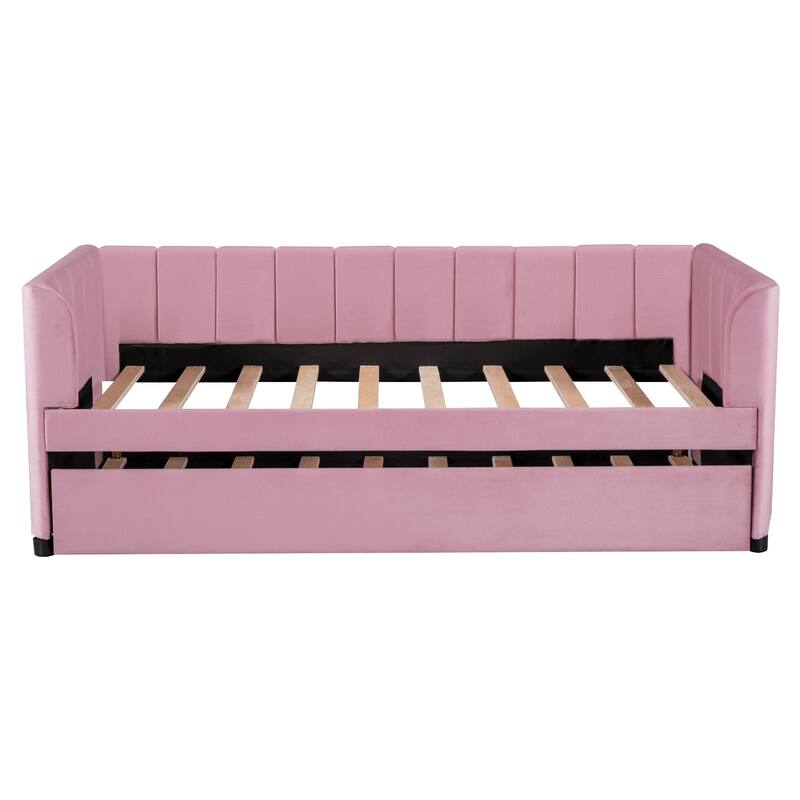 Twin Size Upholstered Daybed with Ergonomic Design Backrest and Trundle