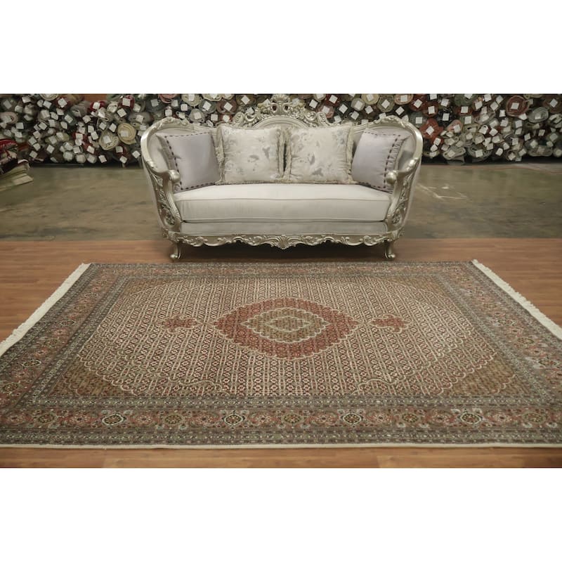 Hand Knotted Oriental 100% Wool Carpet Traditional Geometric Beige & Ivories Tabriz-Mahi Area Rug - 6' 5'' X 9' 9''