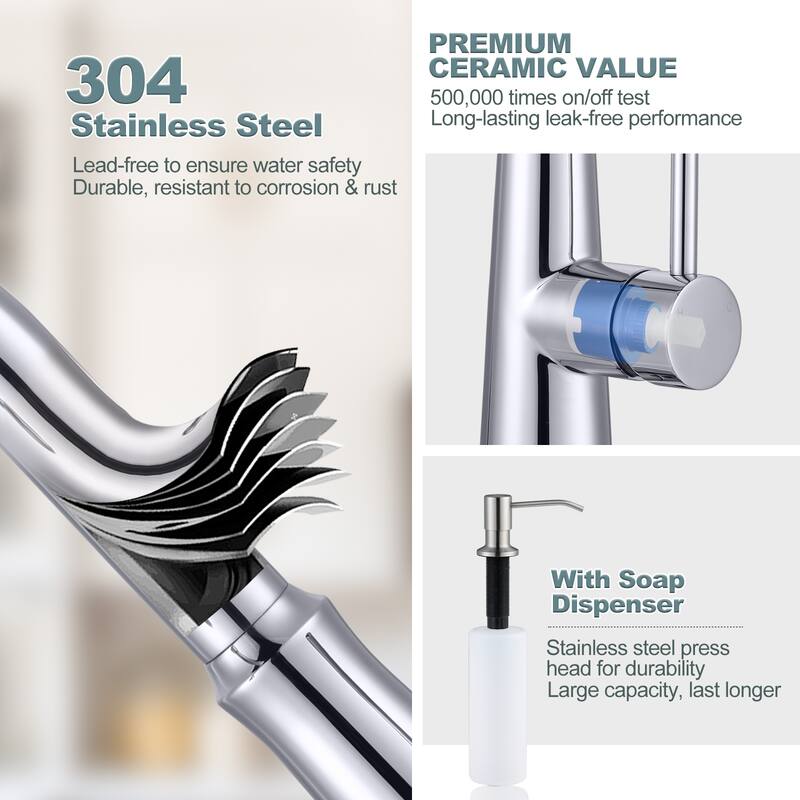 WOWOW Pull Down Sprayer Kitchen Faucet with Soap Dispenser