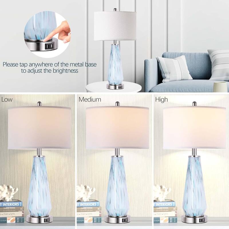 Modern Table Lamp Set of 2 Touch Control, 27" Tall Faded Swirl Blue Gray Art Glass Bedside Lamp with USB Ports