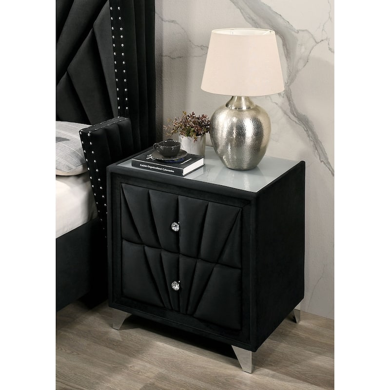 Fabric Upholstered Nightstand with Chrome Legs, Decorative Table with Glass Top, Sofa Side Table with 2 Drawers